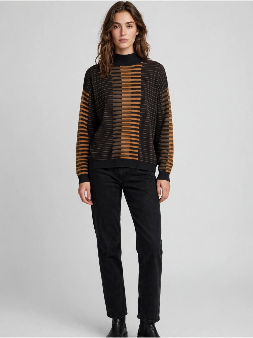 Worthington Black & Brown Striped Mock Neck Sweater